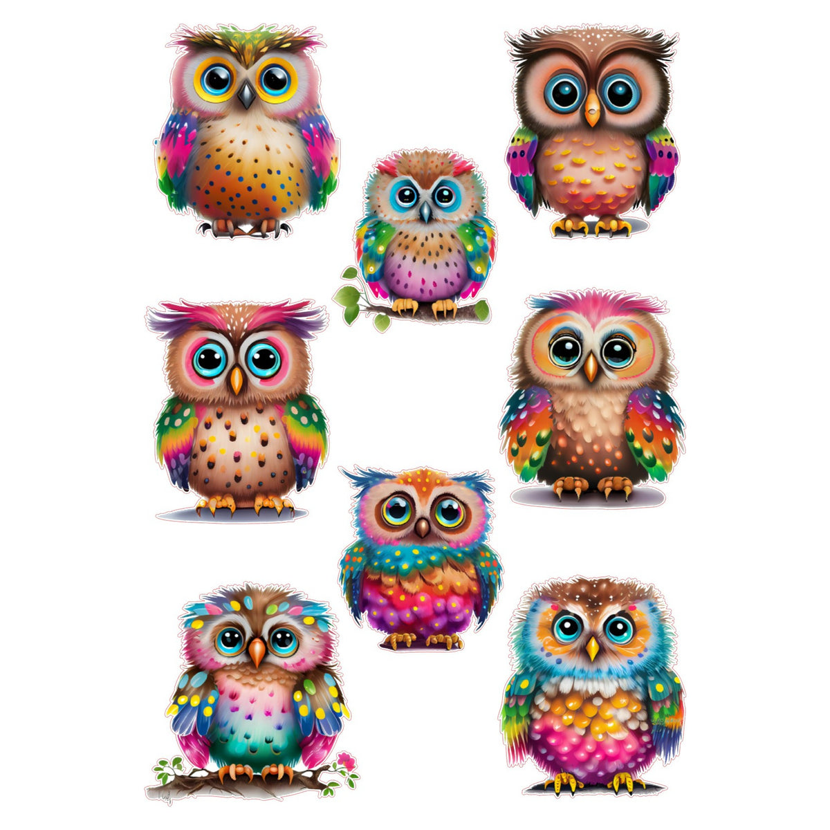 Colorful owl sticker sheet with 8 cute rainbow owls with big eyes