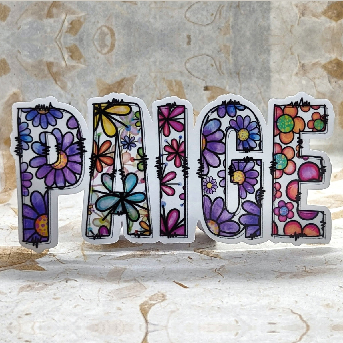 Doodle Name Sticker - custom floral name sticker spelling PAIGE with doodle flowers in each letter