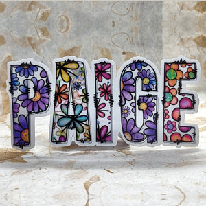 Doodle Name Sticker - custom floral name sticker spelling PAIGE with doodle flowers in each letter