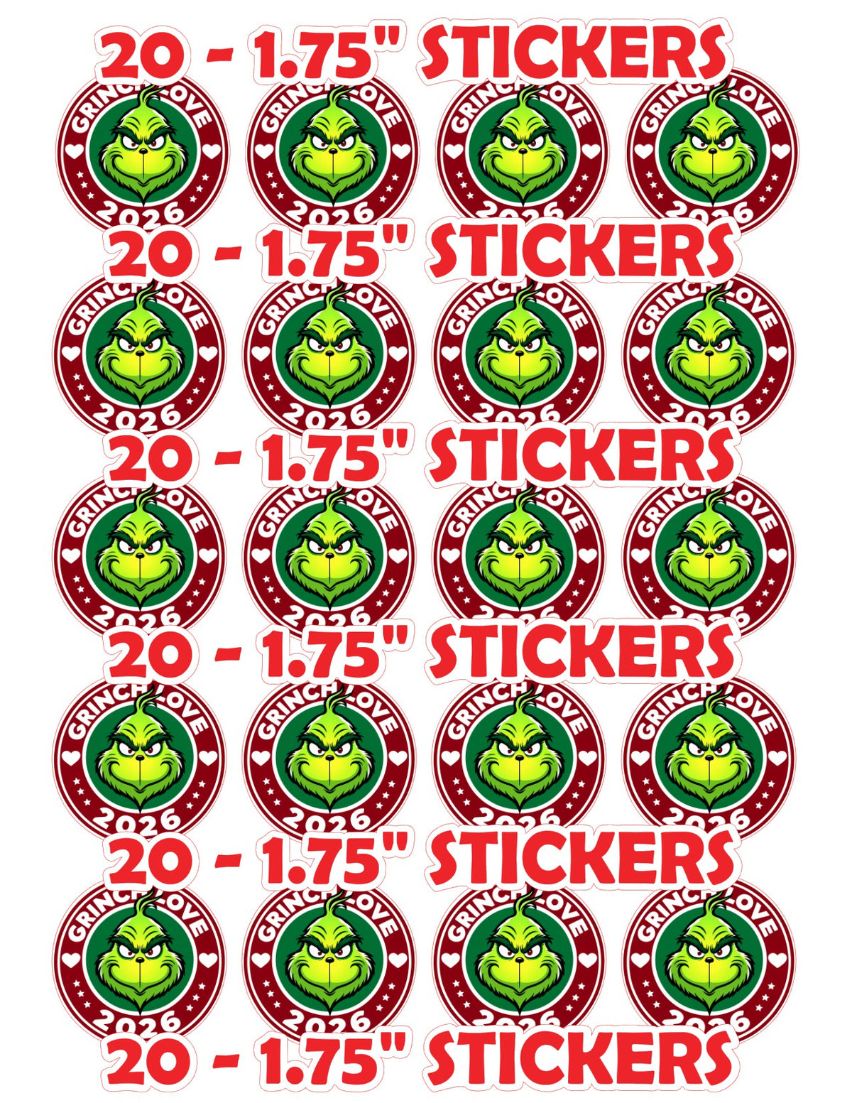 Grinch Love 2026 sticker sheet - 20 stickers