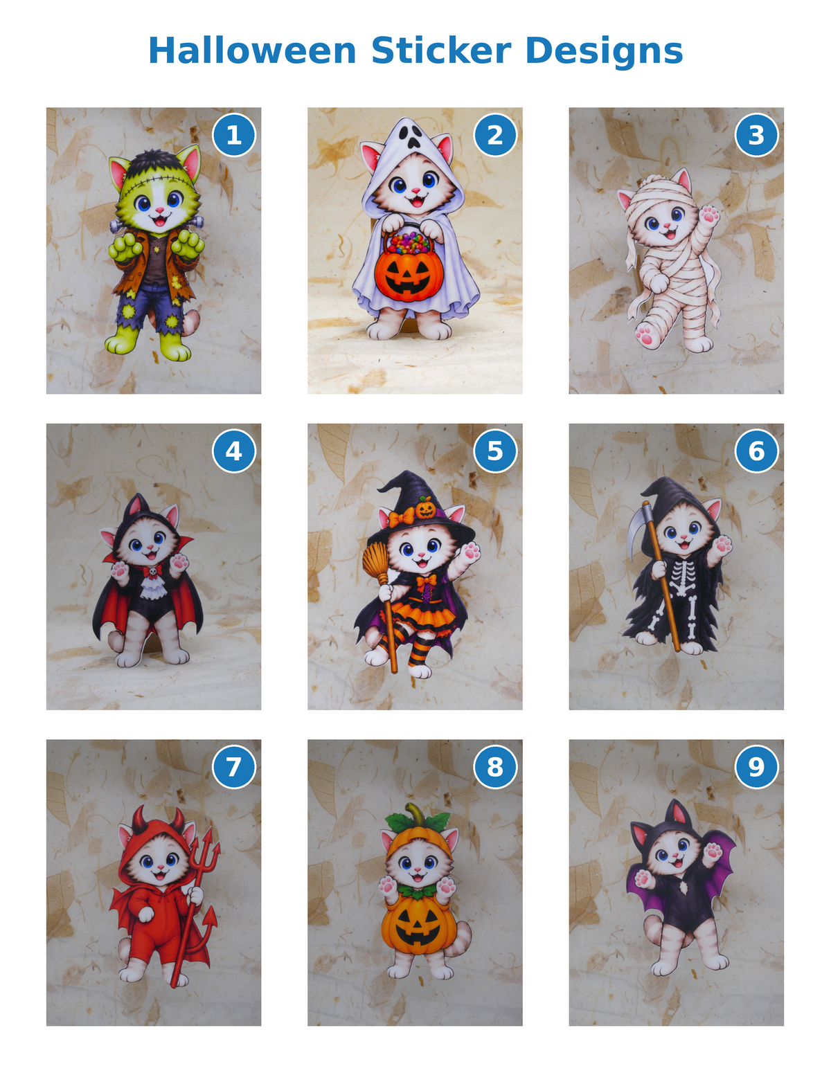 Halloween Bobcat costume stickers - all 9 numbered designs: Frankenstein, ghost, mummy, vampire, witch, grim reaper, devil, pumpkin, and bat