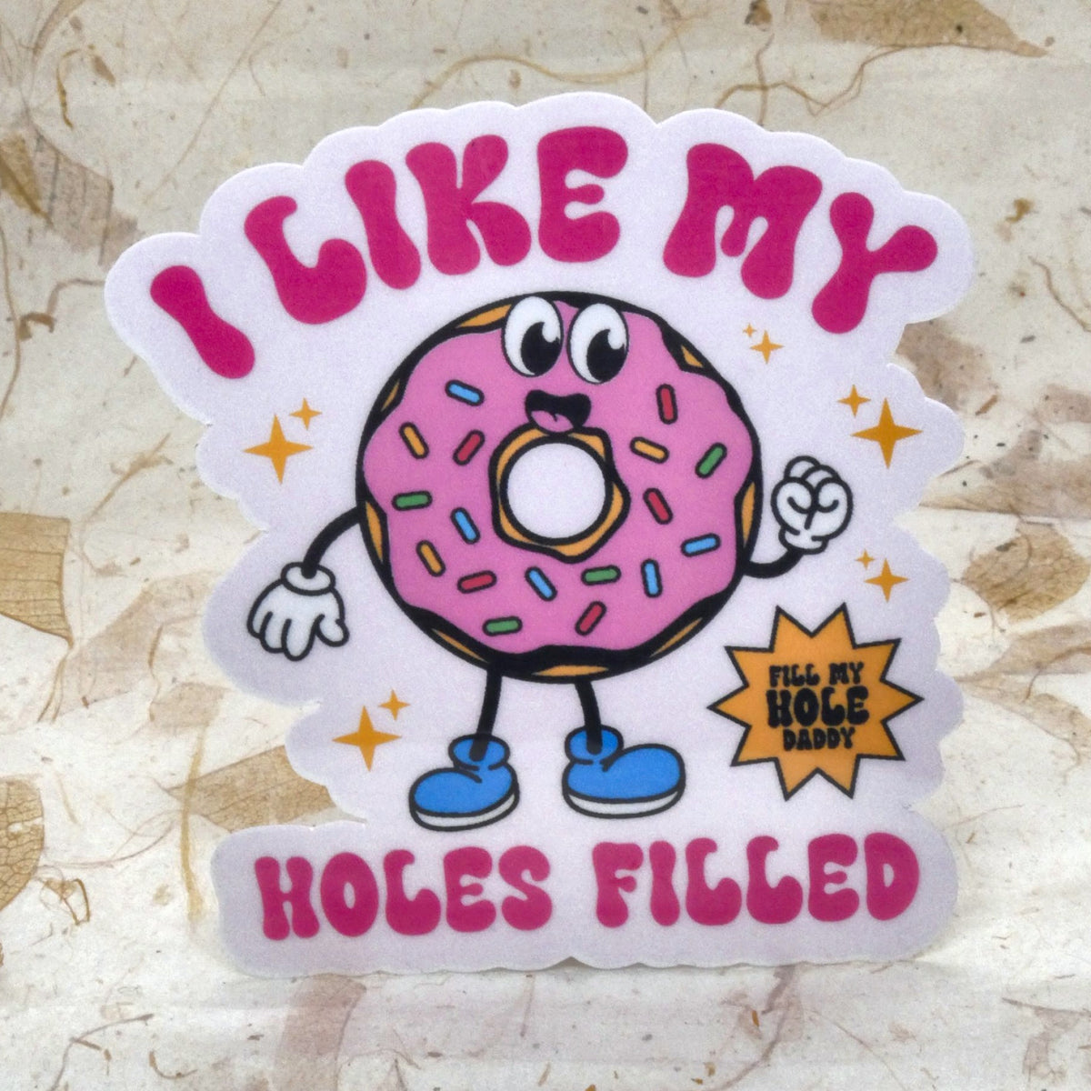 I Like My Holes Filled retro sprinkle donut die-cut vinyl sticker, real product photo