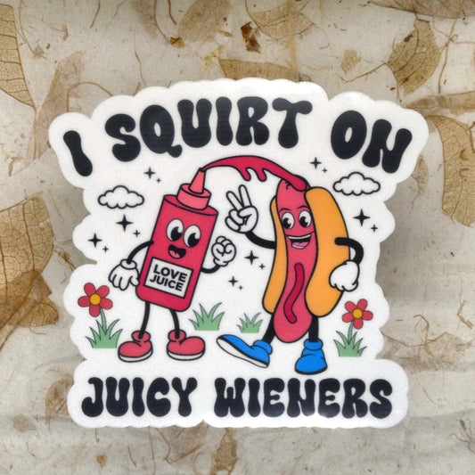 I Squirt On Juicy Wieners ketchup and hot dog die-cut vinyl sticker, real product photo