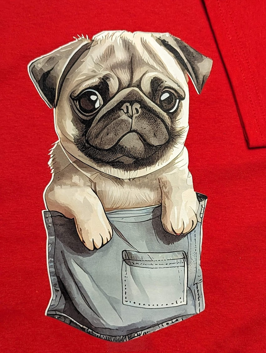 Custom iron-on transfer of a pug peeking out of a denim pocket on a red t-shirt
