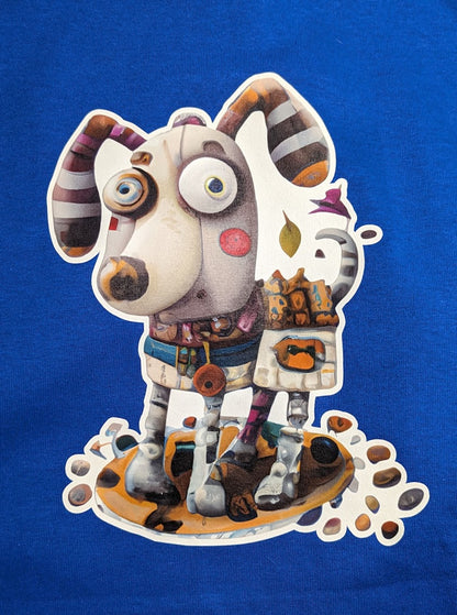 Custom iron-on transfer of a colorful patchwork dog ironed onto a blue t-shirt