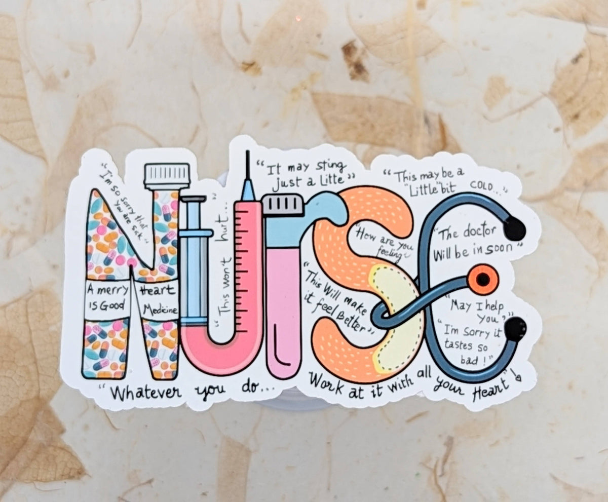 Nurse vinyl sticker with syringe, pill bottle, and stethoscope lettering