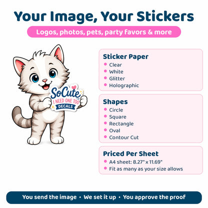Custom sticker options: clear, white, glitter or holographic paper in circle, square, rectangle, oval or contour cut shapes, priced per A4 sheet