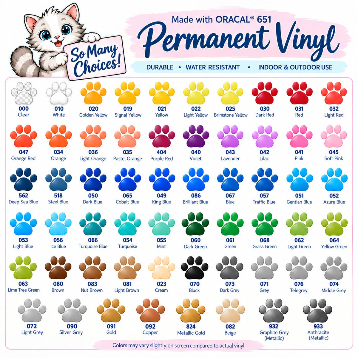 ORACAL 651 permanent vinyl color chart with 58 colors shown as paw prints, each labeled with its color number and name, with Bobcat holding a So Many Choices sign - SoCuteINeedOneToo