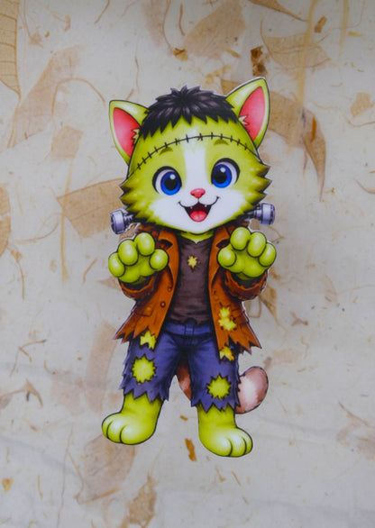 Frankenstein Bobcat Halloween sticker - green monster kitten costume
