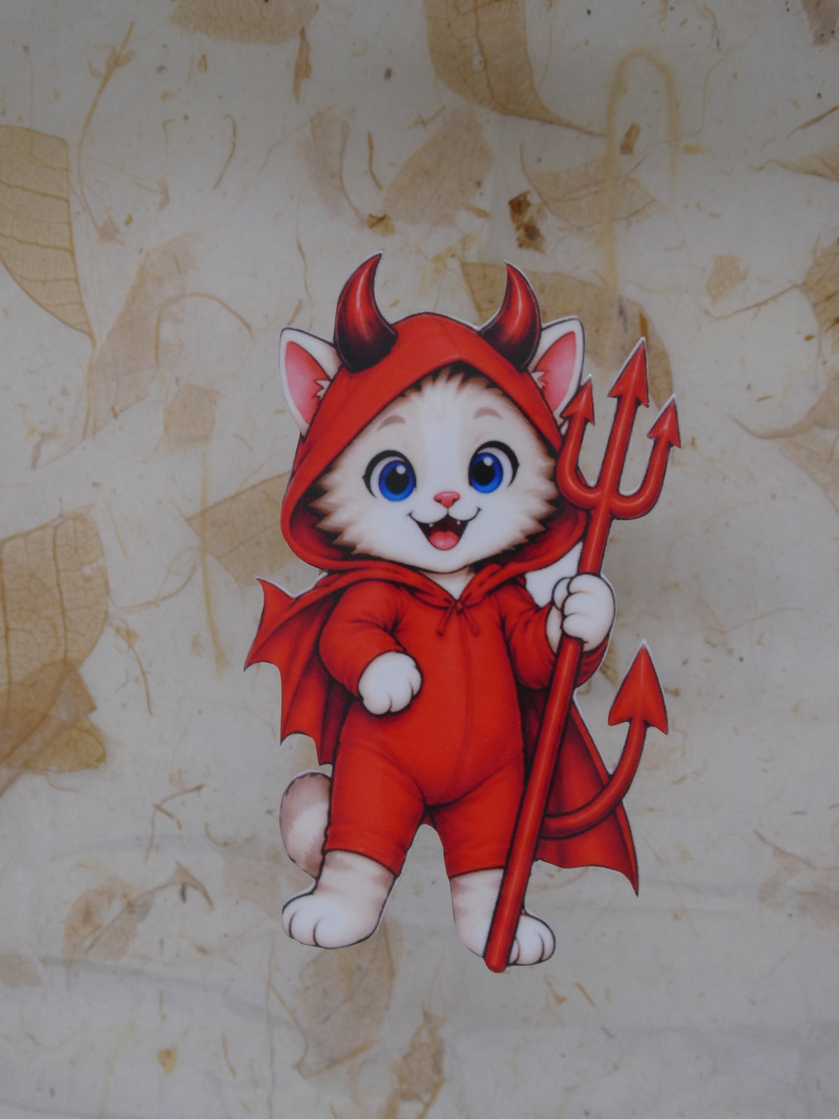 Devil Bobcat Halloween sticker - kitten in a red devil costume with pitchfork