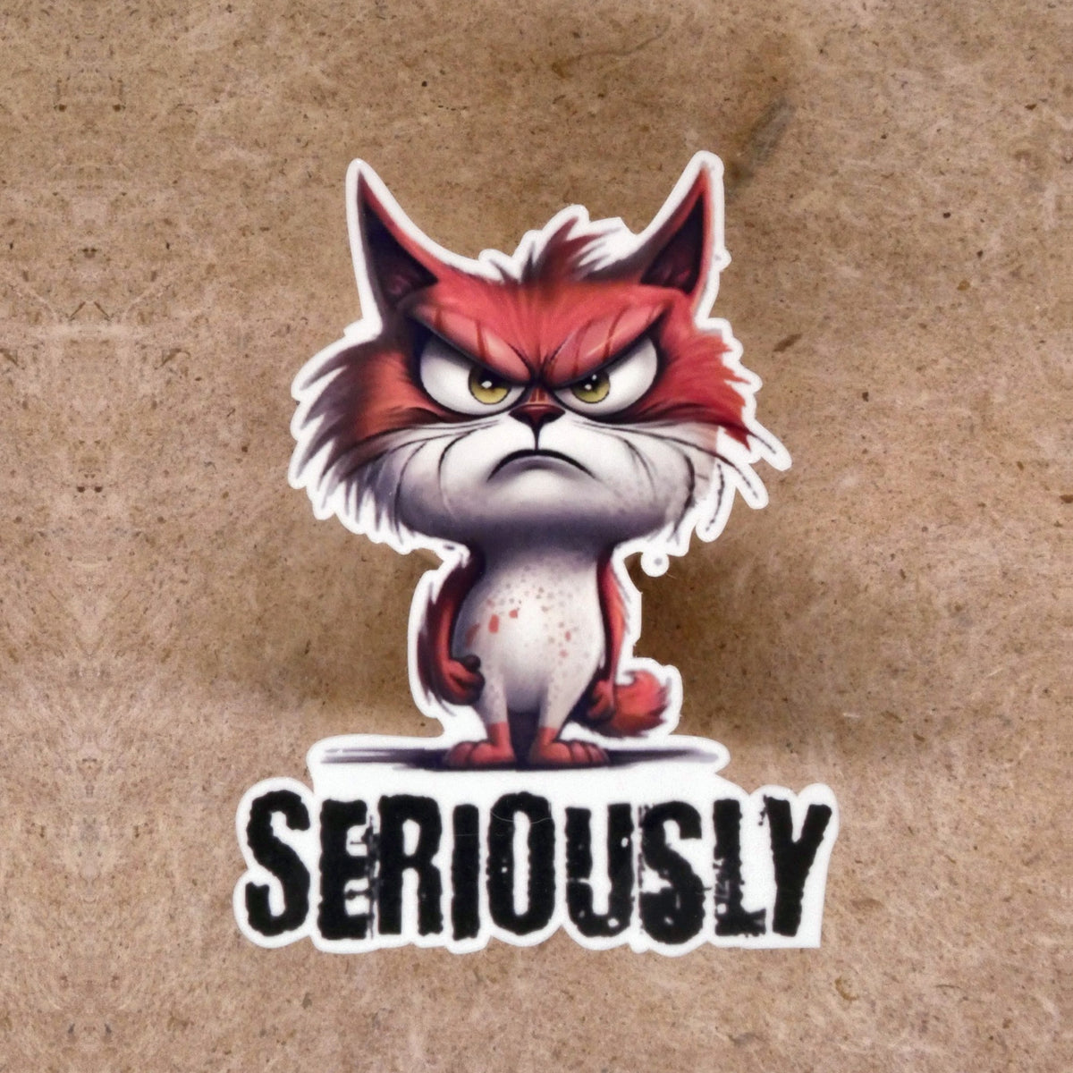 Seriously grumpy cat die-cut vinyl sticker, real product photo