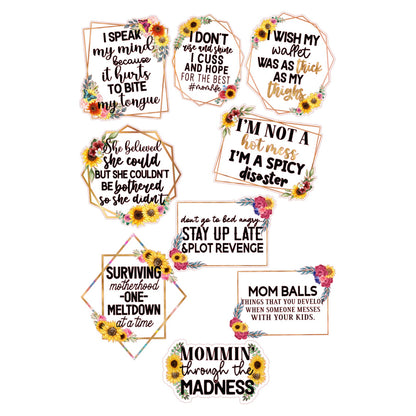 Sunflower mom life sayings sticker sheet with funny mom quotes in sunflower and rose gold frames