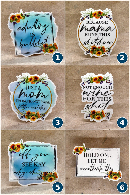 Sunflower adult humor vinyl stickers, all 6 designs numbered 1 to 6, real product photos